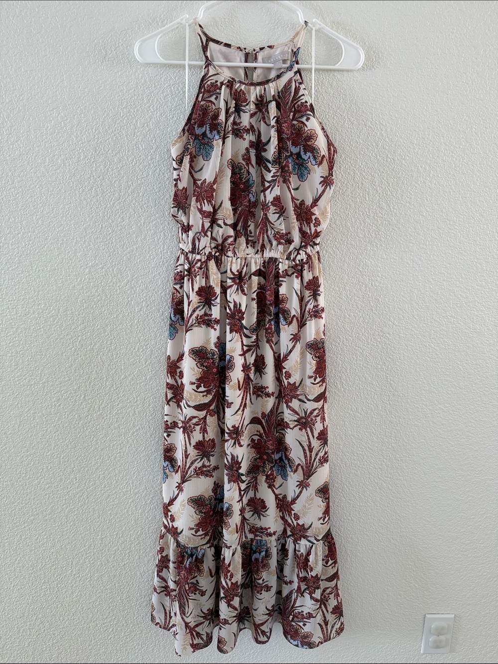 Cream Maxi Dress with Burgundy and Blue Floral Print